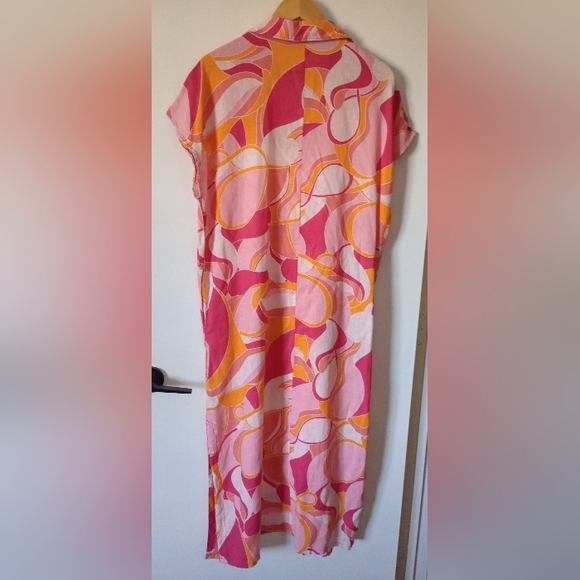 Rachel Zoe Pink and Orange Linen Blend Tropical Beach Cruise Maxi Dress Sz Large - Picture 9 of 12